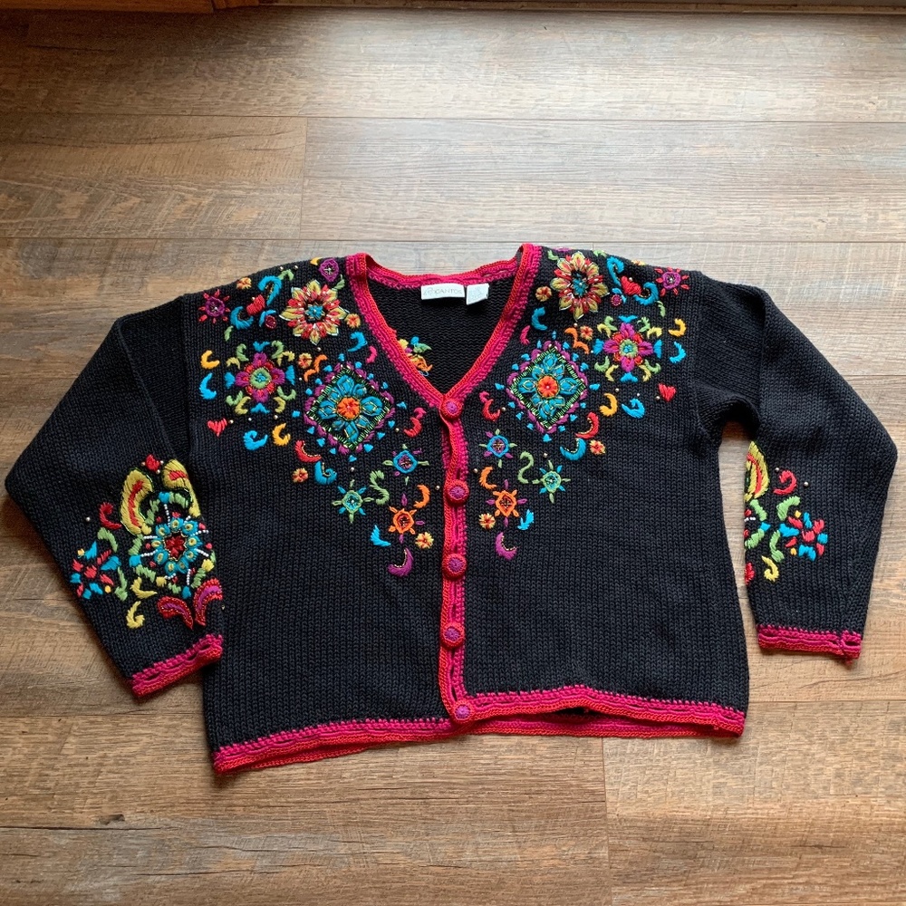 Vintage Gantos Women's Embroidered Embellished Colorful Cardigan Sz Medium